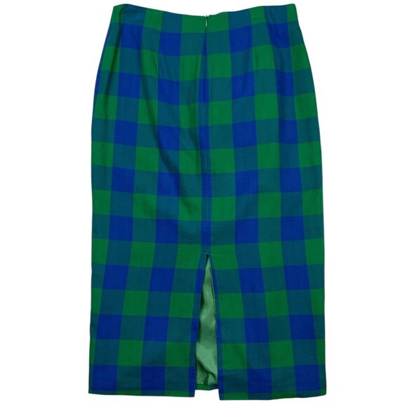 TOV Ruffle Plaid Skirts 40 US/M Blue Green Pencil Straight Midi Heritage Fall - Picture 2 of 14